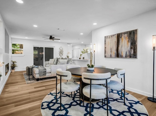 2371 Chart Dr, Dallas, TX 75228 - dining area featuring a ceiling fan, baseboards, recessed lighting, and light wood finished floors