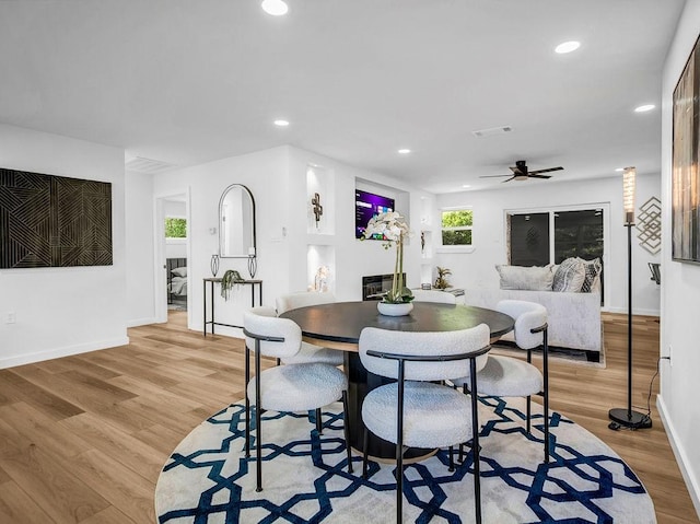 2371 Chart Dr, Dallas, TX 75228 - dining area featuring light wood-type flooring, baseboards, ceiling fan, and recessed lighting