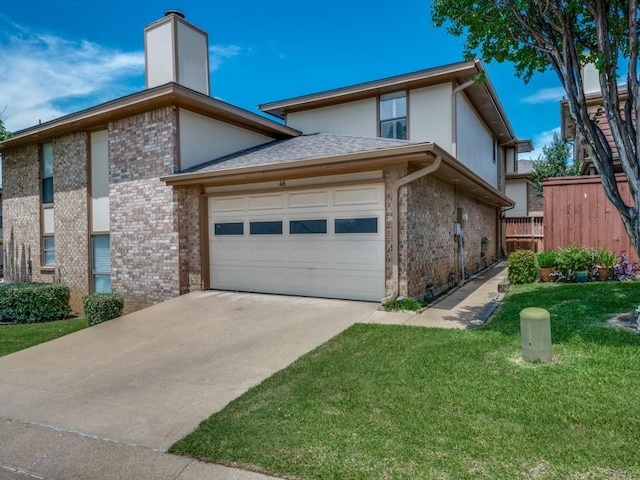 46 Morrow Dr, Bedford, TX 76021 - view of front of property featuring an attached garage, brick siding, concrete driveway, and a chimney