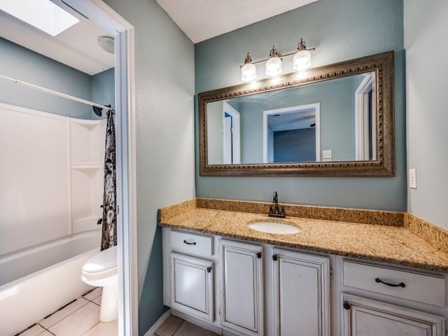 46 Morrow Dr, Bedford, TX 76021 - bathroom featuring vanity, tile patterned flooring, shower / bath combo with shower curtain, and toilet