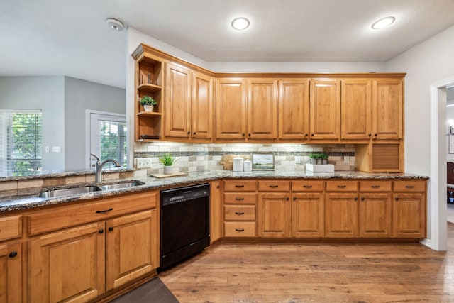 7968 Fm 121, Van Alstyne, TX 75495 - kitchen with dishwasher, a sink, open shelves, stone counters, and backsplash