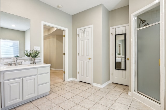 7968 Fm 121, Van Alstyne, TX 75495 - bathroom featuring a shower stall, tile patterned flooring, vanity, and baseboards