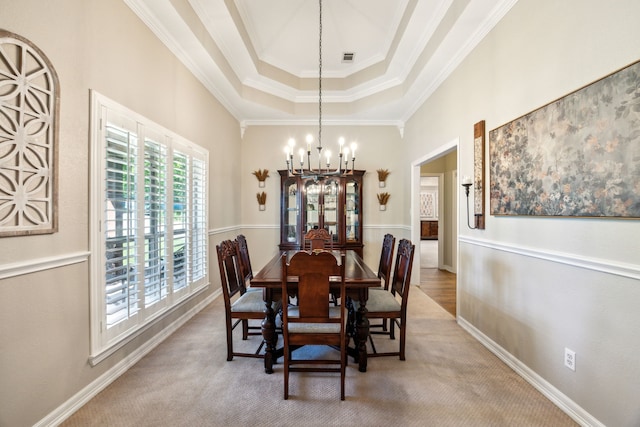 7968 Fm 121, Van Alstyne, TX 75495 - dining room featuring a chandelier, a tray ceiling, ornamental molding, light colored carpet, and baseboards