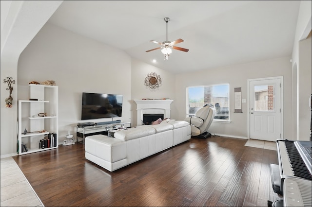 31 Oakridge Ln, Edgecliff Village, TX 76134 - living room with ceiling fan, lofted ceiling, a fireplace, wood finished floors, and baseboards
