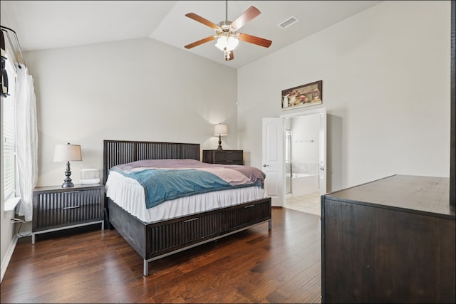 31 Oakridge Ln, Edgecliff Village, TX 76134 - bedroom featuring wood finished floors, ceiling fan, high vaulted ceiling, and ensuite bathroom