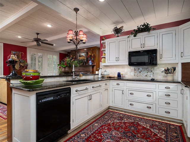 12090 W Fm 346, Bullard, TX 75757 - kitchen featuring black appliances, wood ceiling, a sink, a chandelier, and a peninsula