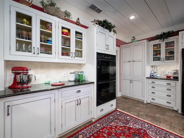 12090 W Fm 346, Bullard, TX 75757 - kitchen featuring backsplash, white cabinets, glass insert cabinets, recessed lighting, and stone finish floors
