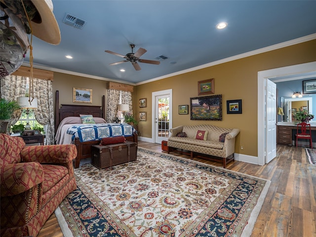 12090 W Fm 346, Bullard, TX 75757 - bedroom featuring baseboards, wood-type flooring, recessed lighting, ornamental molding, and access to exterior
