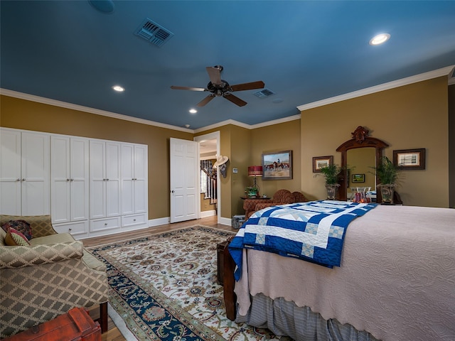 12090 W Fm 346, Bullard, TX 75757 - bedroom with wood finished floors, recessed lighting, baseboards, ornamental molding, and a ceiling fan