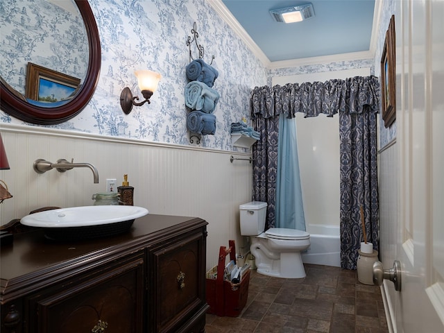 12090 W Fm 346, Bullard, TX 75757 - full bath featuring toilet, stone finish flooring, a wainscoted wall, vanity, and shower / tub combo
