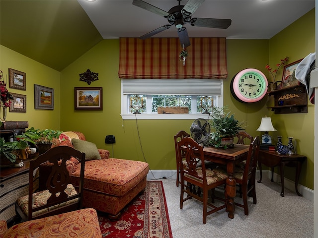 12090 W Fm 346, Bullard, TX 75757 - dining room featuring ceiling fan, vaulted ceiling, baseboards, and carpet flooring