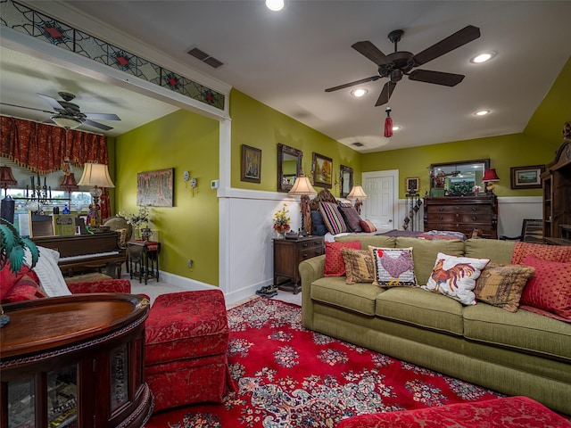 12090 W Fm 346, Bullard, TX 75757 - living area featuring ceiling fan, carpet floors, recessed lighting, and a wainscoted wall