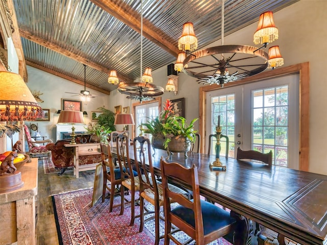 12090 W Fm 346, Bullard, TX 75757 - dining area with a ceiling fan, a chandelier, wood finished floors, plenty of natural light, and beam ceiling