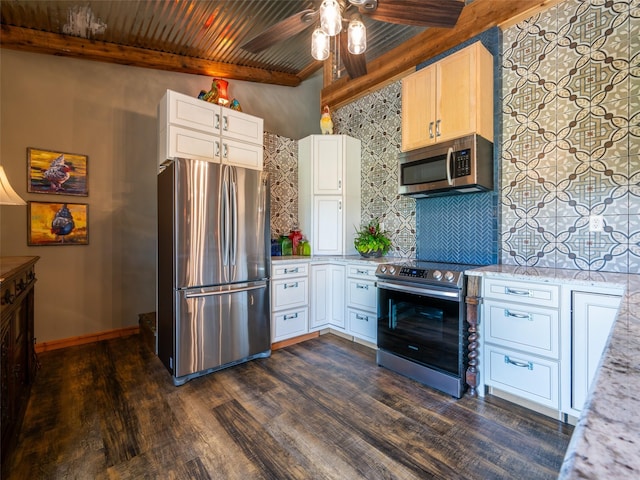 12090 W Fm 346, Bullard, TX 75757 - kitchen with appliances with stainless steel finishes, dark wood-type flooring, a ceiling fan, wood ceiling, and backsplash