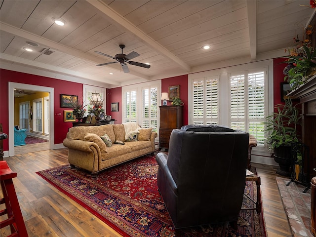 12090 W Fm 346, Bullard, TX 75757 - living room featuring ceiling fan, wood ceiling with exposed beams, wood finished floors, baseboards, and recessed lighting