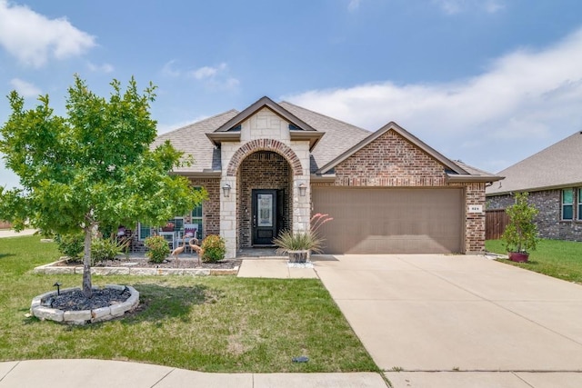 324 Jefferson Ln, Fate, TX 75189 - view of front facade featuring brick siding, an attached garage, a front lawn, driveway, and a shingled roof