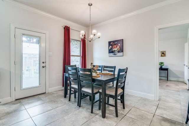 324 Jefferson Ln, Fate, TX 75189 - dining room featuring a chandelier, ornamental molding, light tile patterned flooring, and baseboards