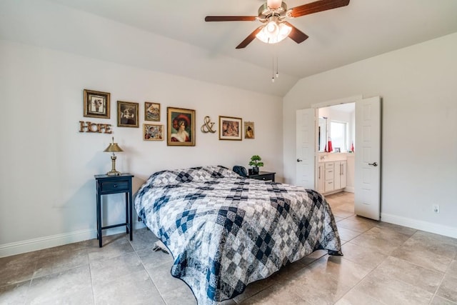 324 Jefferson Ln, Fate, TX 75189 - bedroom with lofted ceiling, baseboards, light tile patterned flooring, connected bathroom, and a ceiling fan