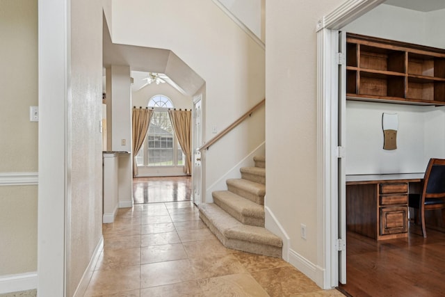 604 Nelson Ct, Plano, TX 75025 - entrance foyer featuring a ceiling fan, stairway, baseboards, and built in study area