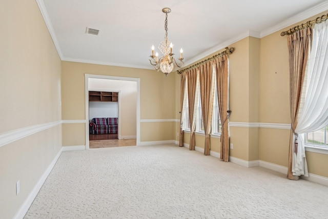 604 Nelson Ct, Plano, TX 75025 - spare room featuring a chandelier, carpet, ornamental molding, and baseboards