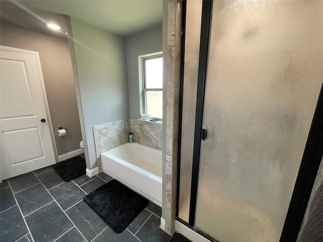 108 Ronnie Ln, Weatherford, TX 76088 - full bath with a bath, a stall shower, toilet, and baseboards