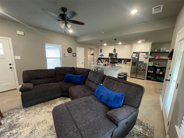 108 Ronnie Ln, Weatherford, TX 76088 - living room featuring light tile patterned flooring, ceiling fan, and recessed lighting