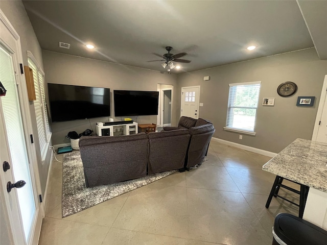 108 Ronnie Ln, Weatherford, TX 76088 - living area featuring ceiling fan, light tile patterned floors, baseboards, and recessed lighting