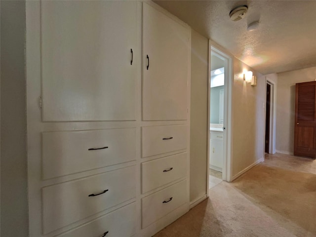 3614 Matador Dr, Garland, TX 75042 - hallway with light colored carpet, a textured ceiling, and baseboards