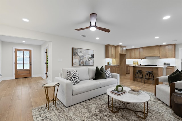5009 Stacey Ave, Fort Worth, TX 76132 - living area featuring recessed lighting, light wood-style floors, baseboards, and ceiling fan