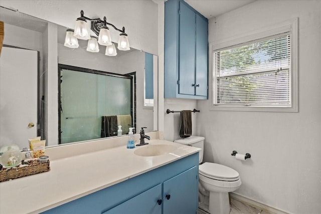 5401 Roberts St, Greenville, TX 75402 - full bathroom featuring vanity, a shower stall, toilet, and baseboards