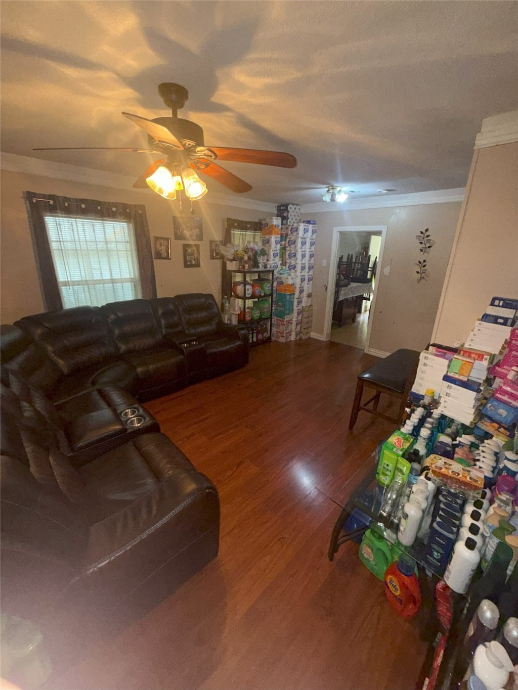 3150 Hale Ave, Fort Worth, TX 76106 - living area with ceiling fan, ornamental molding, and wood finished floors