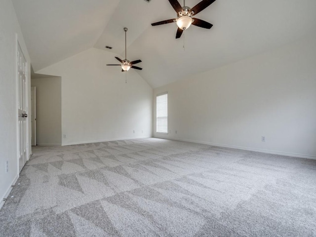 1428 Charlotte Way, Carrollton, TX 75007 - empty room featuring ceiling fan, light carpet, high vaulted ceiling, and baseboards