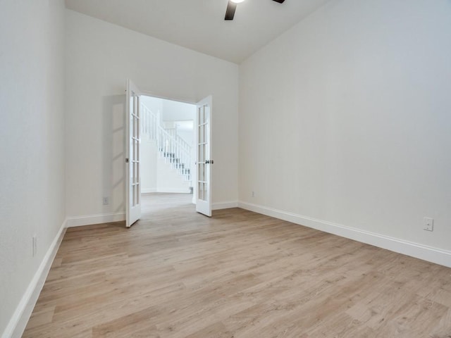 1428 Charlotte Way, Carrollton, TX 75007 - empty room with ceiling fan, light wood-type flooring, french doors, and baseboards