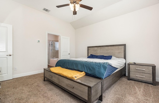 3021 Cobalt Dr, Aubrey, TX 76227 - bedroom featuring carpet floors, baseboards, ensuite bathroom, ceiling fan, and vaulted ceiling