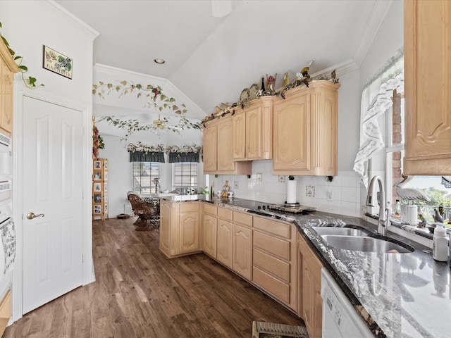 3709 Cliff View Loop, Weatherford, TX 76087 - kitchen featuring light brown cabinetry, a sink, lofted ceiling, dark wood finished floors, and a peninsula