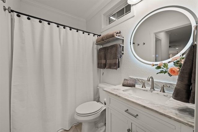 4675 County Road 2216, Caddo Mills, TX 75135 - full bath with crown molding, toilet, vanity, a textured wall, and a shower with curtain
