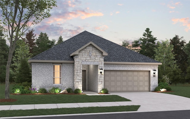 7545 Wild Mint Trl, Midlothian, TX 76084 - french provincial home with brick siding, an attached garage, driveway, a shingled roof, and a yard