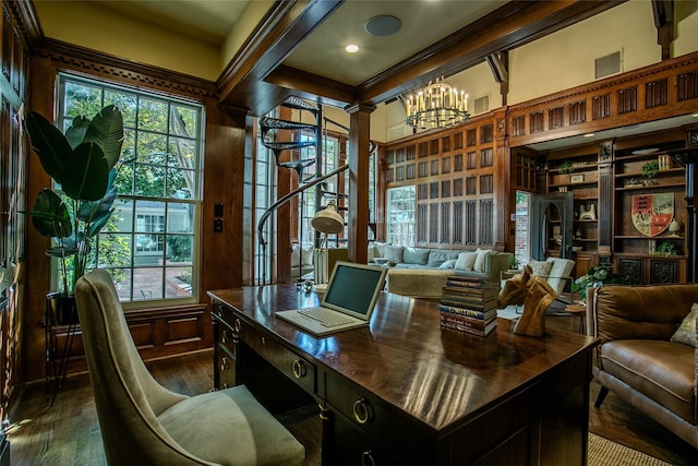 2916 Sale St, Dallas, TX 75219 - office with a chandelier, dark wood-style floors, crown molding, beamed ceiling, and wood walls