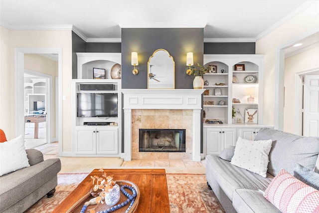 118 Royal Springs Ln, Crawford, TX 76638 - living room with a tile fireplace, a ceiling fan, and ornamental molding