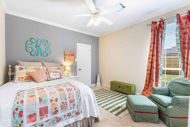 118 Royal Springs Ln, Crawford, TX 76638 - bedroom featuring carpet flooring, ornamental molding, baseboards, and ceiling fan