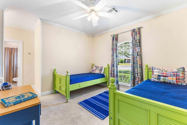 118 Royal Springs Ln, Crawford, TX 76638 - bedroom with light colored carpet, crown molding, baseboards, and a ceiling fan