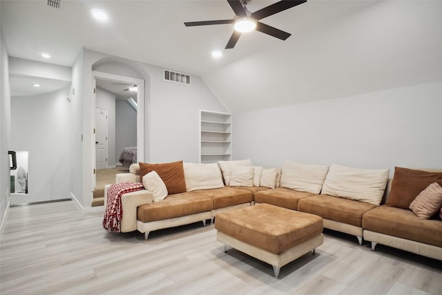 1302 Kelly Green Ct, Keller, TX 76248 - living area featuring a ceiling fan, light wood finished floors, recessed lighting, vaulted ceiling, and baseboards