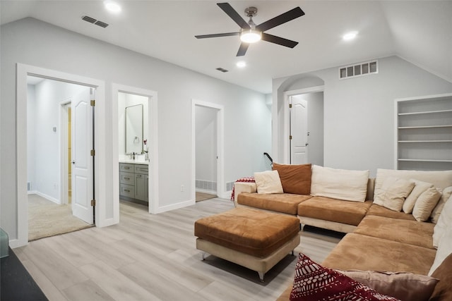 1302 Kelly Green Ct, Keller, TX 76248 - living area featuring light wood-type flooring, a ceiling fan, lofted ceiling, recessed lighting, and baseboards