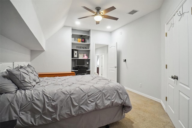 1302 Kelly Green Ct, Keller, TX 76248 - bedroom with light colored carpet, baseboards, a ceiling fan, recessed lighting, and vaulted ceiling