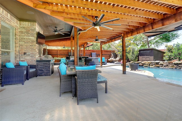 1302 Kelly Green Ct, Keller, TX 76248 - fenced backyard with a ceiling fan, an outdoor kitchen, and a patio area