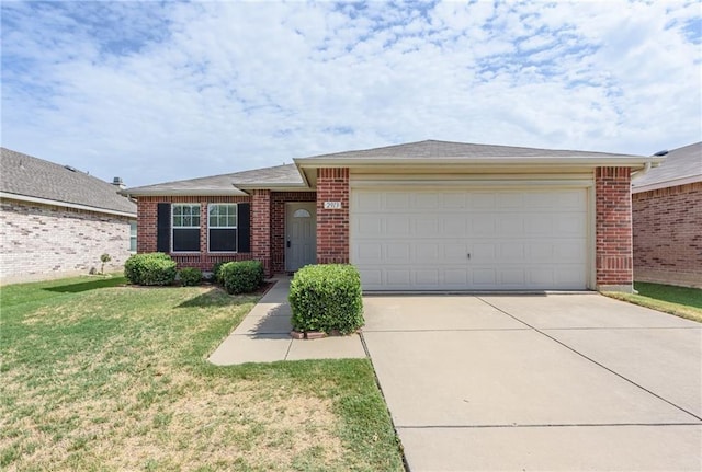 2913 Paddock Way, Denton, TX 76210 - ranch-style house featuring brick siding, concrete driveway, an attached garage, and a front lawn