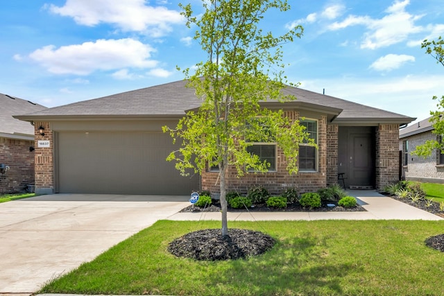 16637 Friesland Ln, Justin, TX 76247 - view of front of house with an attached garage, concrete driveway, a front lawn, and brick siding