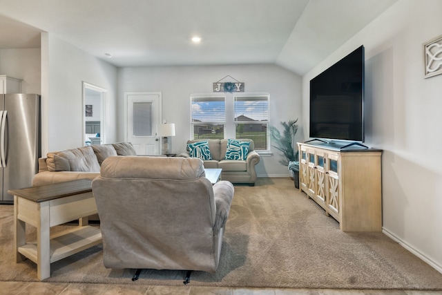 16637 Friesland Ln, Justin, TX 76247 - living area featuring carpet flooring, vaulted ceiling, and baseboards