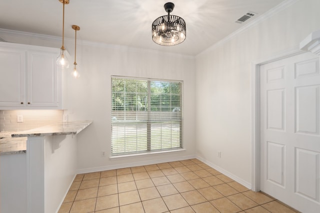 6881 Scenic Dr, Eustace, TX 75124 - unfurnished dining area featuring a chandelier, light tile patterned flooring, crown molding, and baseboards