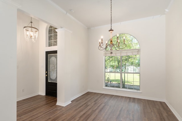 6881 Scenic Dr, Eustace, TX 75124 - unfurnished dining area with a chandelier, wood finished floors, crown molding, and baseboards